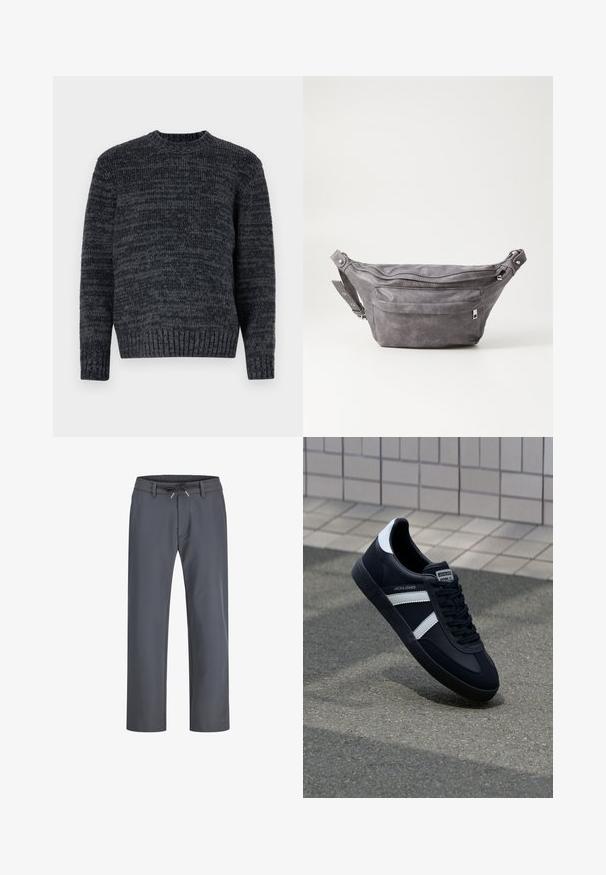 Maglione lavorato a maglia grigio scuro con scollatura rotonda, maniche lunghe e polsini a coste. Presenta un motivo testurizzato su tutta la superficie.; Pantaloni grigi con vita elastica e cordoncino. Design a gamba dritta, realizzati in tessuto liscio, caratterizzati da cuciture minime e senza hardware visibile.; Sneaker neri in pelle con strisce bianche, suola in gomma texturizzata e allacciatura frontale. Presenta un'etichetta con il marchio sulla linguetta.; Fanny pack in suede grigio con forma arrotondata, due scomparti con cerniera e tracolla regolabile. Presenta dettagli in metallo.