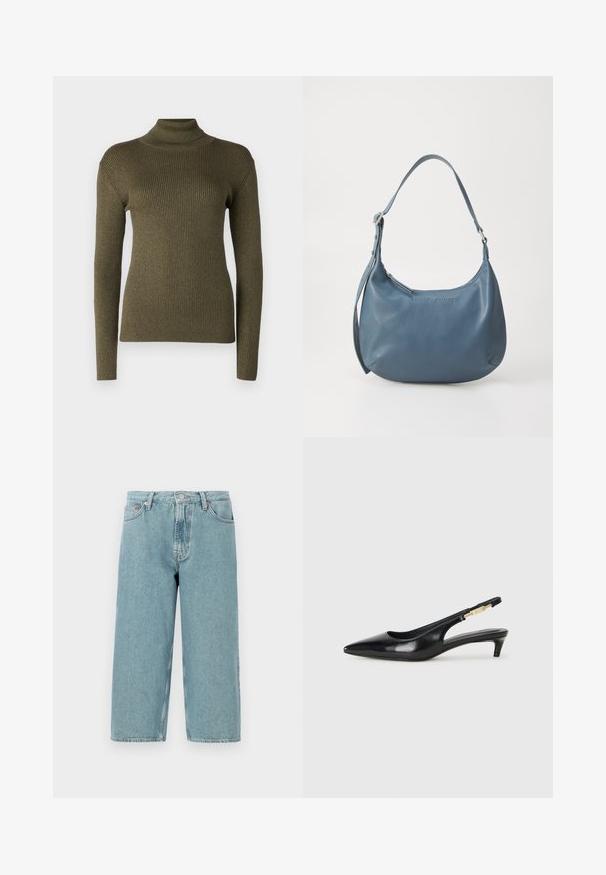 Olivgrüner Rollkragenpullover aus geripptem Strickstoff, mit langen Ärmeln und taillierter Silhouette mit subtiler Schimmer.; Hellblaue Denim-Shorts mit hoher Taille, geradem Schnitt und rohem Saum. Verfügt über einen klassischen Knopf- und Reißverschluss sowie vier Taschen.; Schwarze Leder-Slingback-Pumps mit spitzem Schuhblatt, ausgestattet mit einem schlanken Absatz und einem goldfarbigen Akzent am verstellbaren Riemen. Glatte Textur.; Blaue Lederhandtasche mit runder Form, einem Schulterriemen, Reißverschluss und eingeprägtem Markennamen auf der Vorderseite. Glatte Textur.