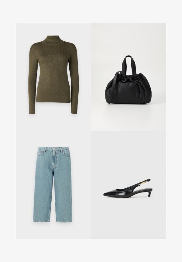 Sweater de gola alta verde oliva feito de tecido de malha canelada, com mangas longas e uma silhueta ajustada com um brilho sutil.; Shorts de denim azul claro com cintura alta, corte reto e bainha desfiada. Apresenta um fecho clássico de botão e zipper, além de quatro bolsos.; Saltos slingback em couro preto com bico fino, apresentando um salto esguio e um detalhe em tom dourado na alça ajustável. Textura suave.; Bolsa de couro preta com um design de topo franzido, apresentando duas alças curtas e uma alça longa ajustável. Textura suave, formato arredondado.