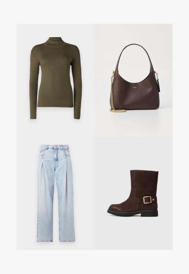 Olivově zelený rolák vyrobený z žebrované pleteniny, s dlouhými rukávy a přiléhavým střihem s jemným leskem.; Světlé modré džíny z denimu s vysokým pasem, širokým střihem, dvěma bočními kapsami a nařaseným designem. Měkká textura s vybledlým povrchem.; Hnědé daimové kotníkové boty s kulatou špičkou, plochou černou podrážkou a zlatou sponou na boku. Hladká textura a jednoduchý design.; COACH BROOKLYN SHOULDER BAG 23 - Kabelka - maple