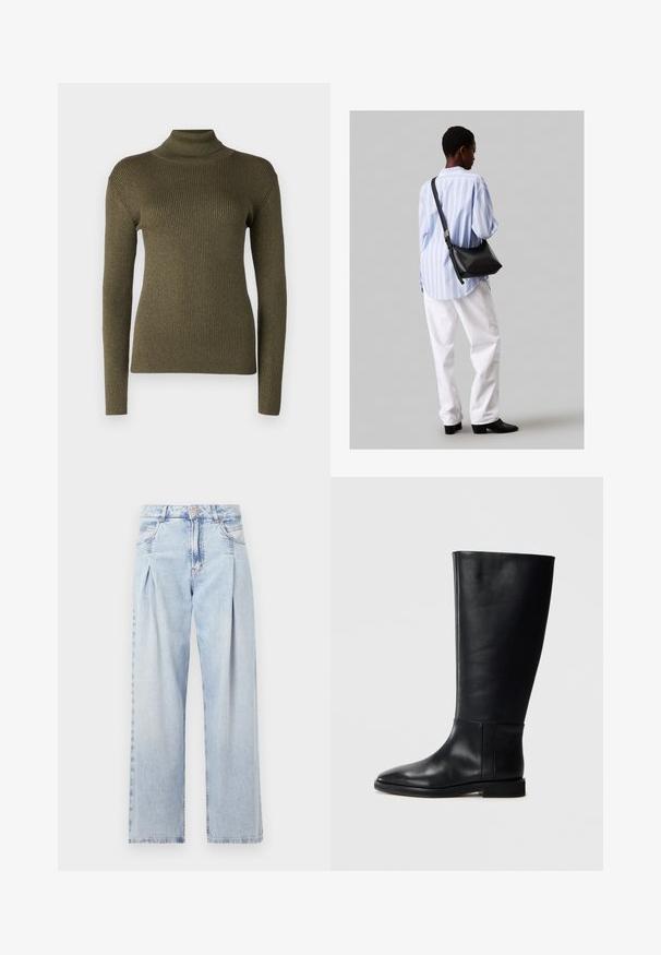 Pulover cu guler înalt de culoare verde măsliniu, realizat din țesătură tricotată cu arcuri, având mâneci lungi și o siluetă ajustată cu un luciu subtil.; Jeans din denim albastru deschis cu talie înaltă, croială evazată, două buzunare laterale și un design pliat. Textură moale cu un finisaj decolorat.; Cizmă neagră din piele până la genunchi, cu vârf rotund, textură netedă, design minimalist și talpă plată. Detalii simple de cusătură pe tijă.; Geantă de umăr din piele neagră cu o textură moale, formă triunghiulară și curea ajustabilă, asortată cu o bluză cu dungi albastre deschise și pantaloni albi.
