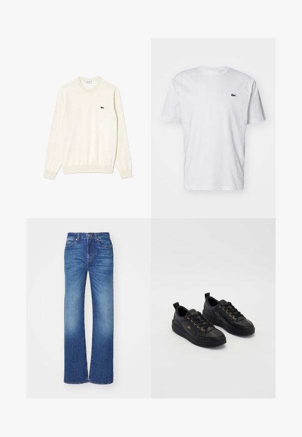 Suéter de cuello redondo color crema, con puños y dobladillo acanalados, que presenta un pequeño logo de cocodrilo bordado en verde en el pecho. Textura suave.; Camiseta de algodón blanca con cuello redondo, mangas cortas y un pequeño logotipo bordado en verde en el pecho. Diseño clásico de corte recto.; Jeans de denim azul con un diseño de pierna recta, que presentan un acabado desgastado, cinco bolsillos y un cierre de botón y cremallera en la cintura.; Zapatillas de cuero negro con ojales y cordones dorados, superficie texturizada, punta redonda y suela negra gruesa. Diseño simple y moderno con tirador trasero.