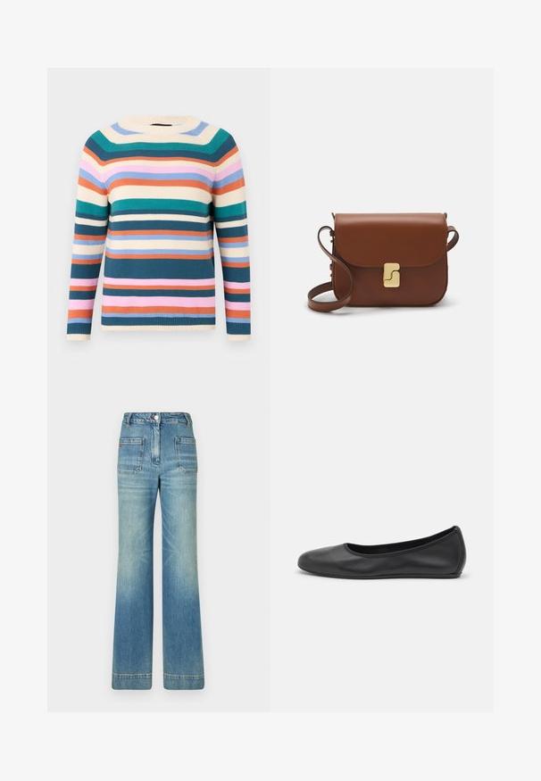 Pamut pulóver, kerek nyakkal, vízszintes csíkokkal téglás, rózsaszín, narancssárga, krémszínű és kék színekben. Textúrázott kötés, bordás mandzsettákkal.; Világoskék, trapéz szabású farmernadrág öt zsebbel, övhurkokkal, gombos záródással és enyhén fakó textúrával, a hátsó részén egy piros logó részlettel.; Fekete bőr balettcipő lekerekített orral, sima tekstúrával, minimális varrással és rugalmas talp kialakítással.; Barna bőr kézitáska, hajtókás zárással, arany színű fém kiegészítőkkel, vállpánttal és sima felülettel. Kompakt téglalap alakú.