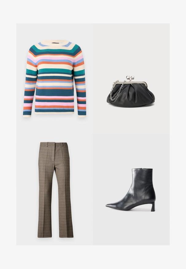Bombažna pulover s krožnim izrezom, ki je okrašen s horizontalnimi črtami v teal, roza, oranžni, kremni in modri barvi. Teksturni pleteni material z rebrastimi manšetami.; Brašnaste karirane hlače ravnega kroja, izdelane iz teksturirane tkanine s subtilnimi odtenki bež in temnejših rjavih odtenkov znotraj vzorca.; Črne usnjene gležnjarje s šiljastim nosom in elegantnim dizajnom. Imajo nizko peto in zadrgo na zadnji strani. Gladka tekstura.; Črna usnjena torbica z nabranim teksturo, okovjem iz srebrne kovine, zapiranjem na poljub in verižnim ročajem. Gladka, mehka površina.