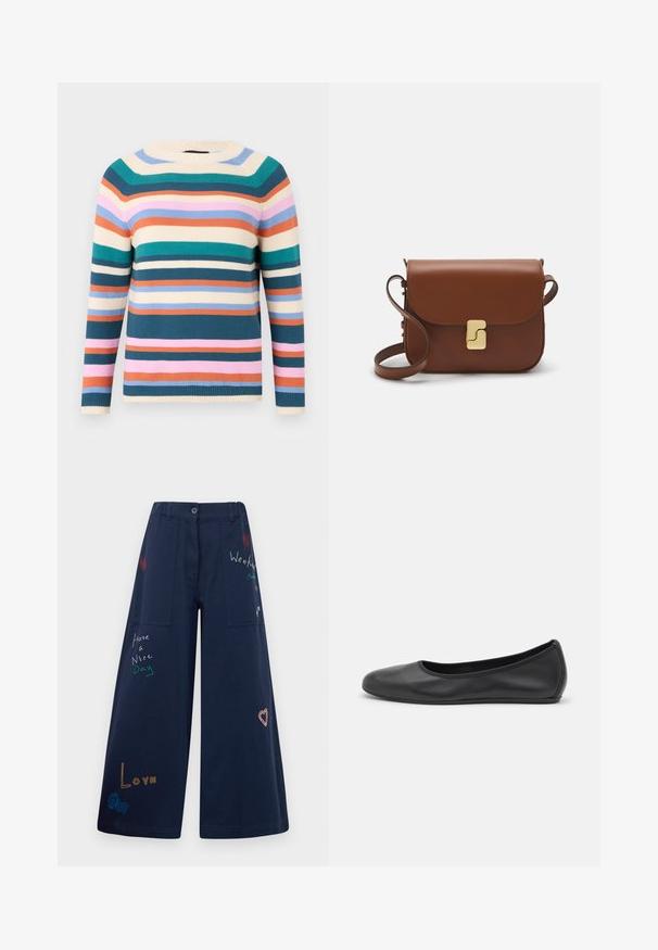 Katoenen sweater met een ronde hals, voorzien van horizontale strepen in teal, roze, oranje, crème en blauw. Geweven textuur met ribgebreide boorden.; Navy blauwe wijde pijpen broek van katoen met meerdere zakken. Heeft kleurrijke geborduurde teksten en graphics, waaronder harten en speelse zinnen.; Zwarte leren ballerina met een ronde neus, gladde textuur, minimale stikdetails en een flexibele zoolontwerp.; Bruine leren handtas met een klep sluiting, gouden hardware, een schouderband en een gladde textuur. Compact rechthoekige vorm.