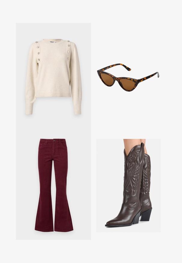 Pulover bej, realizat dintr-un material moale, cu un guler rotund, mâneci lungi și nasturi metalici decorativi pe linia umărului.; Jeansi fendi bordeaux din corduroy, cu cinci buzunare, închidere cu nasture frontal și țesătură texturată. Flarurile se extind de la genunchi până la tiv.; Bocanci de cowboy din piele maro, cu vârf ascuțit și toc pătrat, având cusături detaliate și accente ridicate pe tijă.; Ochelari de soare în stil cat-eye, cu o ramă din material cu tortoiseshell negru și portocalie, lentile maro și vârfuri elegante, ascuțite. Prezintă un logo minimal pe brățara ochelarilor.; Geantă mică de crem cu un finisaj texturat, curea lungă și ajustabilă, accent cu lanț și închidere cu clapetă. Detalii din hardware aurie.