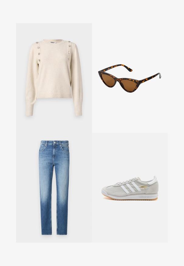 Beiger Pullover aus weichem Stoff, mit Rundhalsausschnitt, langen Ärmeln und dekorativen Metallknöpfen entlang der Schulternaht.; Hellblaue Denim-Jeans mit geradem Schnitt, verwaschenem Look, fünf Taschen und einem Knopfverschluss an der Taille. Auffälliges Steppdetail.; Hellgraue Sneaker aus Wildleder und Mesh, mit drei weißen Streifen, runder Zehenpartie und einer Sohle aus Gummi. Goldenes Logo-Detail nahe der Schnürsenkel.; Katzenaugen-Sonnenbrille mit einem schwarz-orangenen Schildpattrahmen, braunen Gläsern und schlanken, spitzen Enden. Verfügt über ein minimalistisches Logo am Bügel.