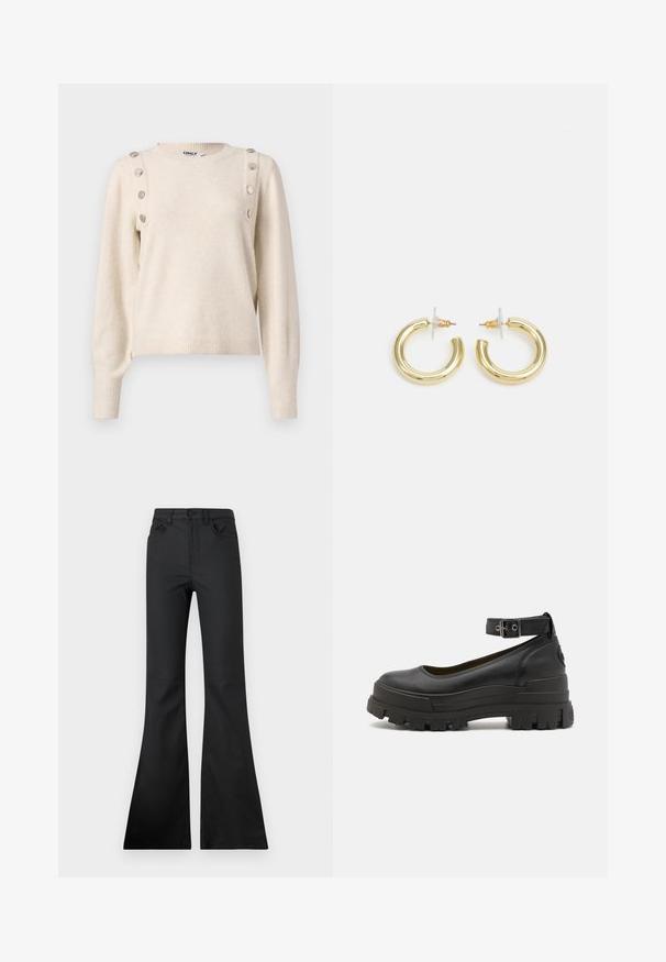 Beżowy sweter wykonany z miękkiego materiału, z okrągłym dekoltem, długim rękawem oraz dekoracyjnymi metalowymi guzikami wzdłuż szwu na ramieniu.; Czarne dżinsy w stylu dzwonów z średnim stanem, wykonane z gładkiego materiału. Posiadają pięć kieszeni oraz widoczne detale przeszyć.; Buffalo ASPHA czarny; Złote kolczyki w kształcie kółek o gładkim, błyszczącym wykończeniu. Okrągły design z małym klipsem i przezroczystym zapięciem zapewniającym bezpieczne noszenie.