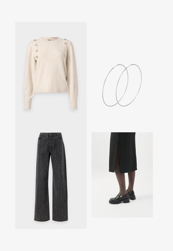 Bež pluus pehmest kangast, millel on ümar kaelus, pikad varrukad ja dekoratiivsed metallnööbid õlavarre õmblusel.; Noisy May NMJANNEL LOOSE - Avar lõikega teksad - black denim; Mustad mustad jalatsid ümmarguse varbaga, paksu plokkniidi ja elastsete külgdetailidega, kombineeritud tumedate sukkade ja musta lõhikuga seelikuga.; Hõbedased rõngastikkaehingad minimalistlikus disainis. Ümar kuju, sile tekstuur ja õhuke profiil. Kerged ning poleeritud viimistlusega.