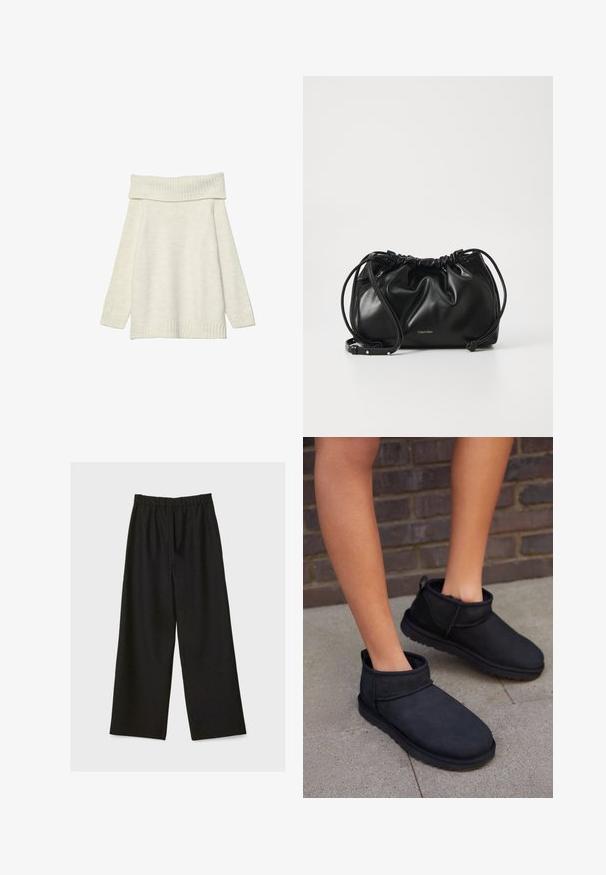 Stradivarius EXPOSED SHOULDER - Neule - white; Mustat leveälahkeiset housut, joissa on joustava vyötärö, esitetty litteänä vaalealla taustalla.; Mustat nilkkurit, jotka on valmistettu sametista ja joissa on pehmeä sisävuori. Niissä on pyöreä kärki ja litteä, teksturoidulla pohjalla.; Musta nahkainen käsilaukku, jossa on kerroksellinen muotoilu, kaksinkertainen nauhakiinnitys ja irrotettava olkahihna. Sisältää metallisen logo-yksityiskohdan.