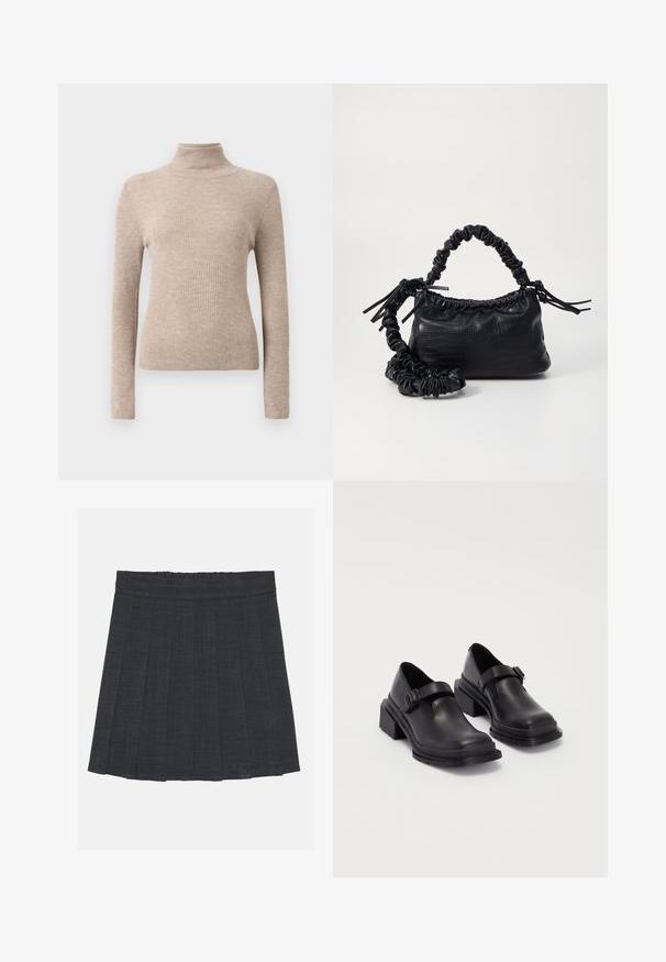 Pull à col roulé beige à manches longues avec des côtes, présenté sur un fond blanc uni.; Jupe plissée gris foncé avec une taille élastique, dotée d'un tissu texturé et d'une silhouette A-line classique. Convient pour une tenue décontractée.; Chaussures en cuir noir avec un bout arrondi, semelle plate et une sangle avec une boucle décorative. Talon épais pour plus de stabilité.; Sac à main en simili cuir noir avec une texture crocodile, un dessus resserré et une sangle froncée. A l'apparence douce et compacte.