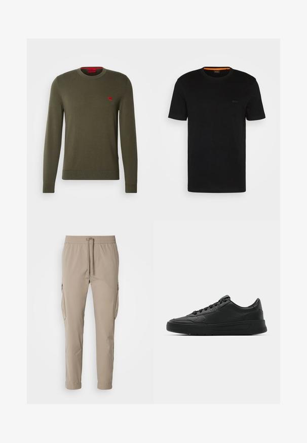 HUGO SAN CASSIUS - Neule - dark beige; Mustat lyhyet hihaset t-paidat, jotka on valmistettu pehmeästä kankaasta. Paita on pyöreällä kaula-aukolla ja siinä on huomaamaton logo edessä. Kauluksen sisäpuolella on oranssi yksityiskohta.; Beige cargo-housut, joissa on joustava vyötärö ja naru. Ominaisuuksiin kuuluvat sivutaskut ja kapeneva lahje, valmistettu kevyestä kankaasta.; Mustat lenkkitossut, joissa on sileä nahkapäällinen, pyöreä kärki, tasaiset nauhat, pehmustettu nilkka ja minimalistinen muotoilu. Kumia pohja, jossa on hillitty urakuvio.