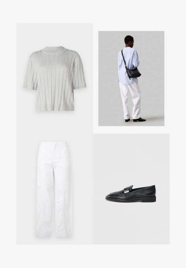 Hallikas lühikeste varrukatega sviiter vertikaalse soonikstruktuuriga ja ümarate kaelustega. Kanga pehmus on esile tõstetud, koos lühendatud disaini ja soonikservaga.; Valged laiad püksid, mis on valmistatud kergetest materjalidest, omades siledat tekstuuri, puhtaid jooni ja kõrget vöökohta.; Must musta loafer musta silma ristkülikukujuline pandla peal ja madal konts valgel taustal.; Must have mustras alasi nahkpatsi, pehme tekstuuriga, kolmnurkse kujuga ja reguleeritava rihmaga, koos helesinise triibulise särgi ja valgete pükstega.