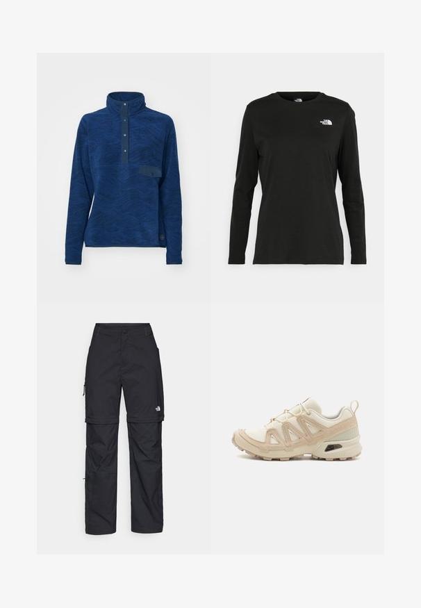 Pullover in pile blu navy con colletto alto, motivo a onde testurizzate, patta con bottoni e una piccola tasca sul petto. Tessuto elasticizzato, maniche lunghe.; T-shirt nera a maniche lunghe in cotone con colletto rotondo. Presenta un piccolo logo bianco sul lato sinistro del petto. Design semplice e vestibilità comoda.; Pantaloni cargo in nylon nero con zip rimovibile, polsini regolabili, molteplici tasche e un logo sulla gamba destra. Tessuto liscio e leggero.; Scarpa atletica beige e crema con tomaia in mesh testurizzato, sovrapposizioni supportive e suola in gomma con un motivo a tasselli per la trazione.