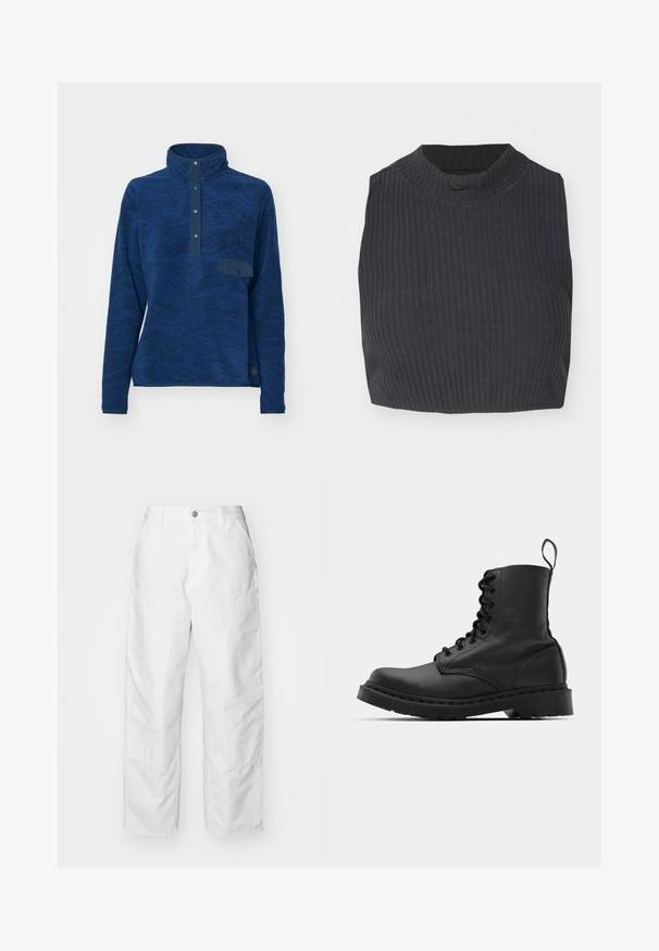 Navy blue fleece pullover with a high collar, textured wave pattern, button placket, and a small chest pocket. Stretchy fabric, long sleeves.; Cropped ribbed top in dark navy, featuring a high neckline and a subtle Nike logo. The fabric has a textured, stretchy appearance.; White cargo pants made of denim, featuring a relaxed fit, side pockets, and visible stitching details. Plain front with a button closure.; Black leather combat boot with a round toe, lace-up front, and a pull tab at the ankle. Features a thick rubber sole for durability.
