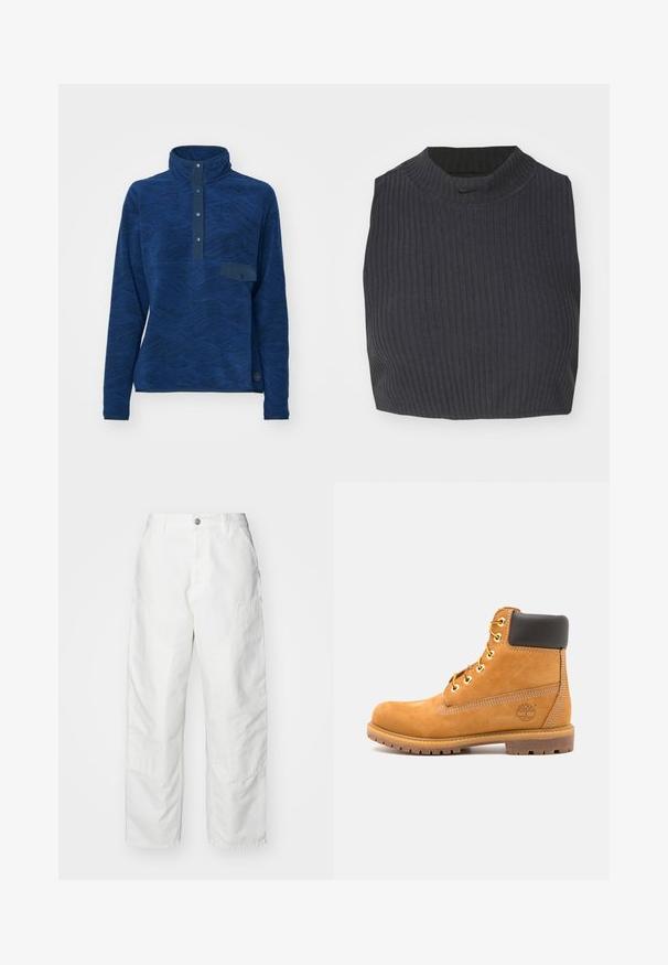 Tmavě modrý fleecový svetr s vysokým límcem, texturovaným vlnitým vzorem, knoflíkovou légou a malou náprsní kapsou. Elastický materiál, dlouhé rukávy.; Zkrácený žebrovaný top v tmavě námořnické modři, s vysokým výstřihem a subtilním logem Nike. Materiál má texturovaný, elastický vzhled.; Bílé cargo kalhoty vyrobené z denimu, s volným střihem, bočními kapsami a viditelnými švy. Hladký přední díl s knoflíkovým zapínáním.; Hnědá kožená kotníková bota s černým polstrováním, zlatými očky a texturovanou podrážkou. Obsahuje kruhové logo po boku a akcenty v podobě prošívání.