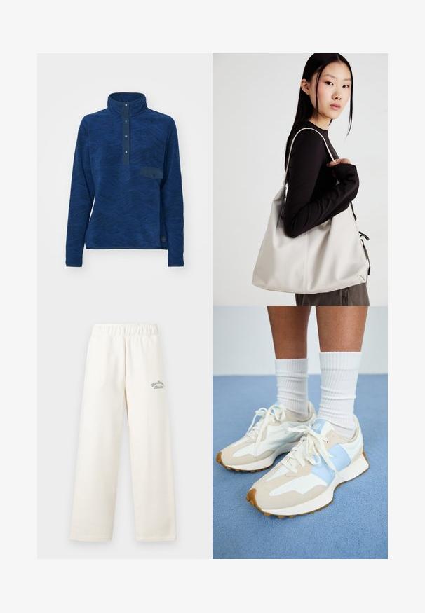 Pullover in pile blu navy con colletto alto, motivo a onde testurizzate, patta con bottoni e una piccola tasca sul petto. Tessuto elasticizzato, maniche lunghe.; Pantaloni a gamba larga di colore crema realizzati in materiale morbido con cintura elastica. Presentano un delicato testo ricamato di colore verde sul davanti.; Sneakers leggeri con un design beige e azzurro chiaro. Presentano materiali in suede e mesh, lacci bianchi e suola in gomma testurizzata.; Borsa a mano beige realizzata in materiale morbido, caratterizzata da un design morbido, dettagli cuciti e due manici. Adatta per l'uso quotidiano.