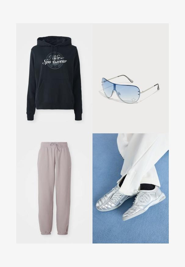 Fleece preto feito de uma mistura de algodão, com um bolso canguru na frente, capuz com cordão e uma gráfica circular com o texto "Nike Sportswear".; Calças de moletão em malva claro, com cintura elástica, cordão, bolsos laterais e punhos elásticos, apresentadas de forma plana contra um fundo branco.; Tênis atléticos prateados com um acabamento liso e brilhante, apresentando um design costurado e o número 90 na lateral, combinados com calças brancas.; Óculos de sol aviador com lentes azuis em degradê, armação metálica prateada e detalhes decorativos de estrelas nas lentes. Design suave e elegante.