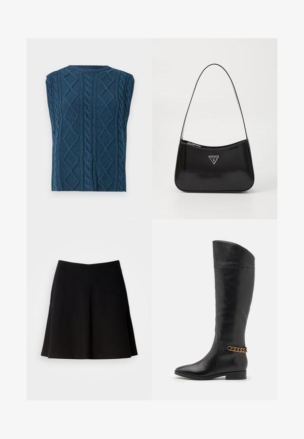 Kábelmintás, ujjatlan pulóver sötétkék színben. Gyémánt alakú, texturált mintákkal és csavart kábelekkel rendelkezik, kerek nyakkivágással.; Fekete, harangszoknya puha anyagból, illeszkedő derékkal és varrás részletezéssel. Sima felület, egyszerű, klasszikus dizájn.; Magas fekete bőrcsizma áramvonalas dizájnnal, hegyes orral és arany lánc díszítéssel a bokán. Alacsony, tömbsarkú. Sima felület.; Fekete lakkbőr válltáska ívelt formával, ezüst háromszög logóval és cipzáros záródással. Simaság jellemzi és vékony pántja van.