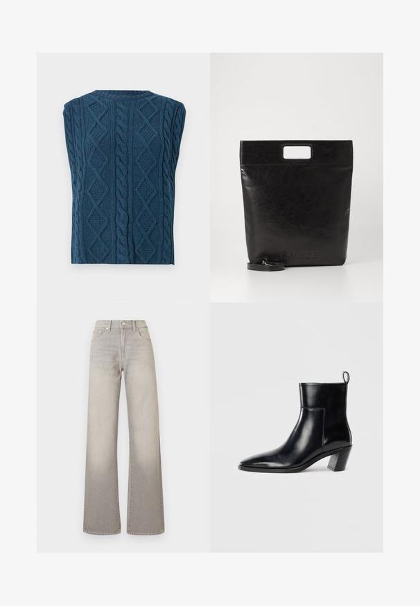 Sügavsinine kettidega ilma varrukateta kampsun. Omab tekstuurilisi mustreid, sealhulgas diamonds ja keeratud kaablid, ning ümarat kaelust.; Hallide lai püksid hallis toonis, kahvatu viimistlusega, nööbiga kinnitamine, viie tasku disain ja õmbluste äärtes kaunistus.; Must musta saapad terava nina, geomeetrilise kuuega ja tagaküljel tõmberaudaga. Sile tekstuur ja läikiv disain.; Must mustrikotest läikega must nahast kott ruudukujulise käepidemega, millel on tekstuuriga viimistlus ja reljeefne logo. Kohandatav rihm on eemaldatav.