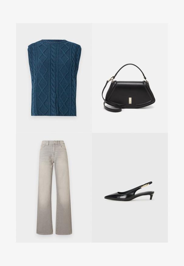 Sweter bez rękawów o warkoczowym splocie w głębokim niebieskim kolorze. Posiada strukturalne wzory w romby oraz skręcone warkocze, z okrągłym dekoltem.; Szare dżinsy o szerokich nogawkach z wyblakłym wykończeniem, zapięcie na guzik, pięć kieszeni oraz przeszycia wzdłuż szwów.; Czarne skórzane szpilki typu slingback z ostrym noskiem, posiadające smukły obcas i złoty akcent na regulowanym pasku. Gładka tekstura.; Czarna skórzana torebka o strukturalnym designie, z przyciętą formą, górnym uchwytem i złotymi akcentami. W zestawie regulowany pasek na ramię.