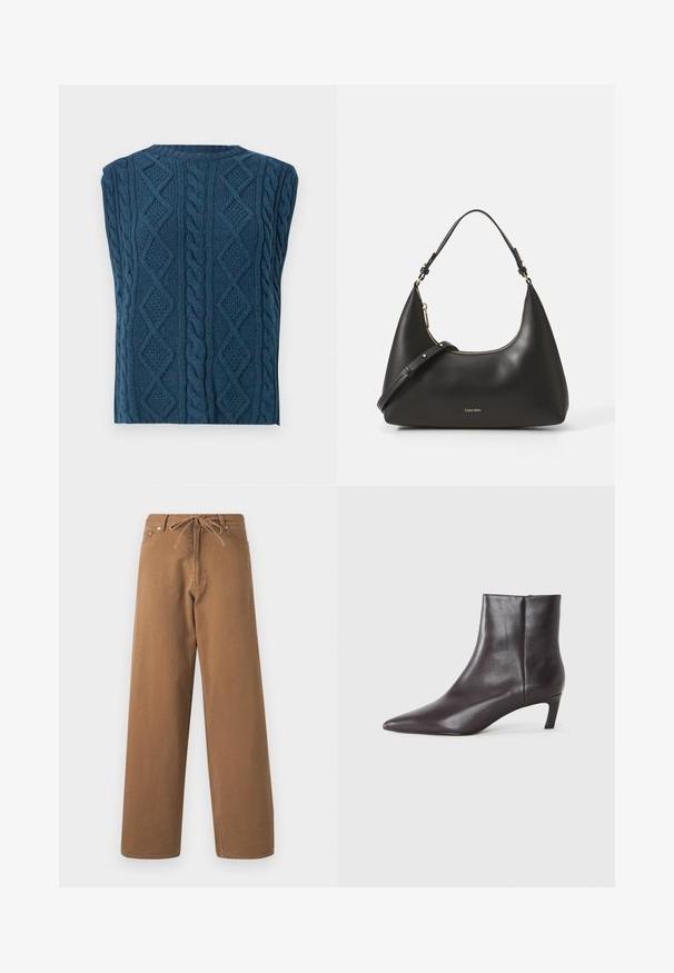 Cable-knit sleeveless sweater in deep blue. Features textured patterns of diamonds and twisted cables, with a round neckline.; Brown wide-leg pants made from cotton, featuring a drawstring waist and two front pockets. Textured fabric with a smooth finish.; Black leather ankle boot with pointed toe and low kitten heel, smooth finish, side zipper, shown on a neutral background.; Black leather hobo bag with a curved structure, gold zipper, and adjustable strap. Features embossed logo on the front. Smooth texture.
