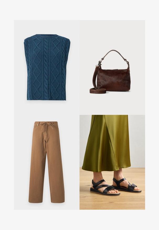 Kábelmintás, ujjatlan pulóver sötétkék színben. Gyémánt alakú, texturált mintákkal és csavart kábelekkel rendelkezik, kerek nyakkivágással.; Barna, bő szárú nadrág, pamutból készült, combrészes derékkal és két elülső zsebbel. Texturált anyag, sima felülettel.; Fekete bőr szandál három vízszintes pánttal és támogató bokapánttal, lapos gumitalppal és minimál dizájnnal.; Barna bőr kézitáska, amelynek puha, texturált szőrhasonló külső része van, karcsú formájú, rövid fogantyúval és leválasztható pánttal.
