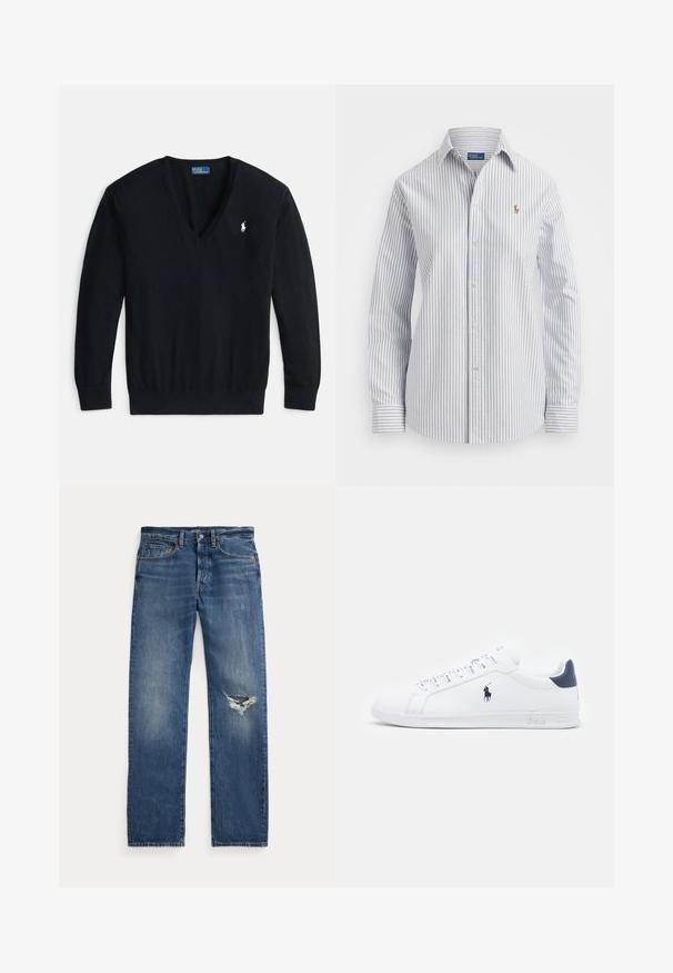 Svart v-ringad tröja i mjukt tyg. Har långa ärmar och en liten vit polo-logga på vänster sida av bröstet.; Randig skjorta med knapp-up i ljusblått och vitt, med mjukt tyg, klassisk krage och broderad logotyp på bröstet.; Blå denimjeans med medelhög midja, fem fickor och en trasig reva på högra knäet.; Vita lädersneakers med en slät yta, marinblå detaljer och en liten logotyp på sidan. Har platta snören och mönstrad gummisula.