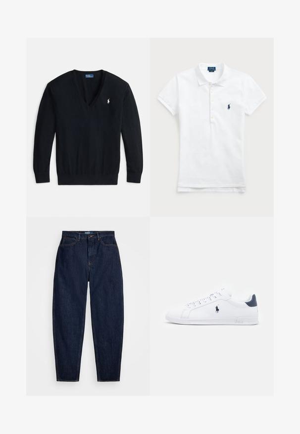 Svart genser med v-hals laget av mykt stoff. Har lange ermer og en liten hvit polo-logo på venstre side av brystet.; Hvit bomulls polo-skjorte med klassisk krage, korte ermer og en marineblå brodert logo på venstre bryst. Fem-knappers placket.; Mørkeblå denimjeans med rett benpassform, med oransje sømmer, frontknappelukking og fem lommer.; Hvite lær sneakers med en glatt overflate, marineblå detaljer og en liten logo på siden. Har flate lisser og strukturet gummisåle.