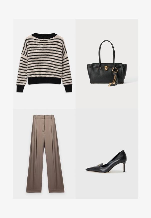 Jersey de punto con rayas horizontales en negro y crema, escote amplio, puños y dobladillo de canalé, con un corte holgado y tejido texturizado.; Pantalones de pierna ancha en un color topo suave, fabricados en un tejido liso con un acabado satinado. Presentan una cintura ajustada y pliegues sutiles.; Zapato de piel negra con punta afilada, escote bajo y un detalle decorativo dorado. Cuenta con un tacón de aguja y textura suave.; Bolso de cuero negro con doble asa, cierre dorado y detalles en cadena, y accesorio de borlas en blanco y negro, sobre fondo blanco.