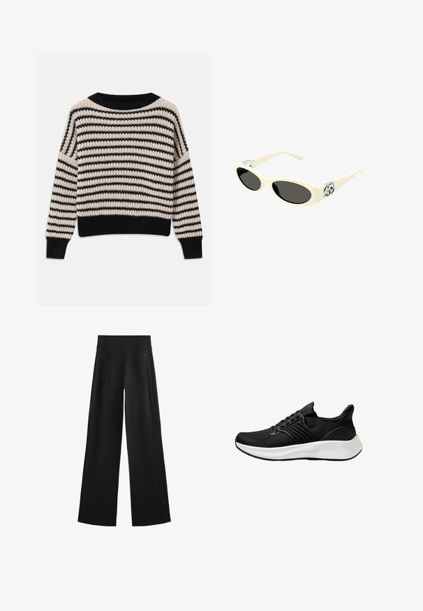 Gestreifter Strickpullover mit horizontalen schwarzen und cremigen Streifen, weitem Ausschnitt, gerippten Bündchen und Saum, lockerer Passform und strukturiertem Stoff.; Schwarze, weit geschnittene Hose aus einem weichen Stoff, mit einem hohen Bund und zwei mit Reißverschluss versehenen Taschen, sowie dezenten Nähten entlang der Seiten.; Schwarzer Sportschuh mit Obermaterial aus strukturiertem Stoff, Schnürsystem und weißer Zwischensohle. Besitzt ein niedriges Profil und ein gekrümmtes Sohlen-Design.; Cremefarbene Sonnenbrille mit ovalen Gläsern, schwarzem Tönung und metallischen Logoakzenten an den Schläfen. Glatte Textur, Cat-Eye-Design.