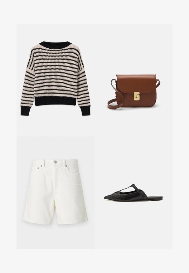 Gebreide trui met horizontale zwarte en crèmekleurige strepen, brede halslijn, ribgebreide manchetten en zoom, met een losse pasvorm en textuurstof.; Witte denim shorts met een rechte snit, vijf zakken, voorste knoopsluiting, zilveren hardware en gestikte details.; Zwarte leren slingback schoen met een puntige neus, voorzien van een gevlochten accent en geplooid ontwerp aan de bovenkant. Platte zool met minimale hardware.; Bruine leren handtas met een klep sluiting, gouden hardware, een schouderband en een gladde textuur. Compact rechthoekige vorm.