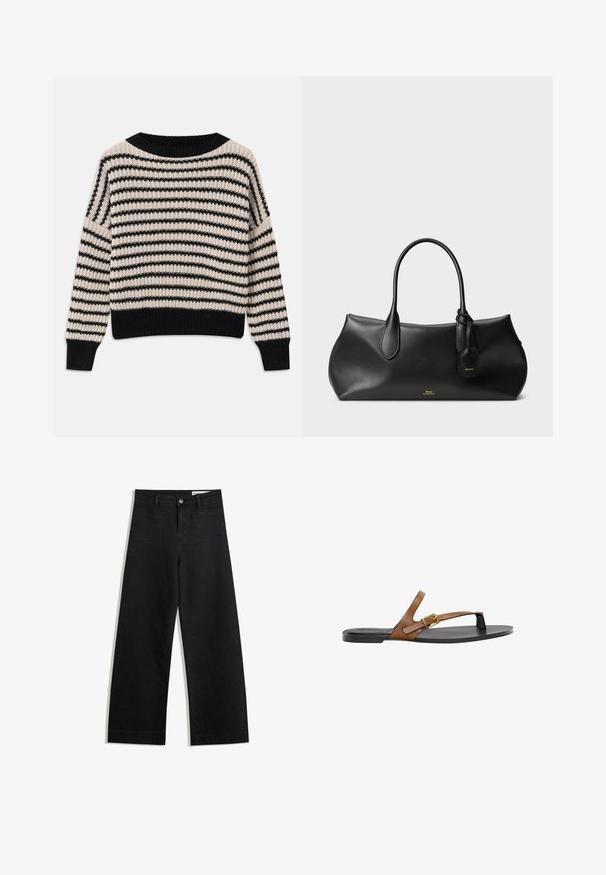 Gestreifter Strickpullover mit horizontalen schwarzen und cremigen Streifen, weitem Ausschnitt, gerippten Bündchen und Saum, lockerer Passform und strukturiertem Stoff.; Schwarze weit geschnittene Jeans mit hoher Taille, ausgestattet mit Vorder- und Hintertaschen, gesteppten Nähten und einem Knopfverschluss. Glatte Textur.; Sandale aus braunem Leder mit einem goldenen Schnallendetail, flacher schwarzer Sohle und minimalistischer Gestaltung, mit einer glatten Textur.; Schwarze Lederhandtasche mit glatter Textur, runder Form, zwei Griffen und einem kleinen Anhänger. Dezentes Markenlogo in Gold auf der Vorderseite.