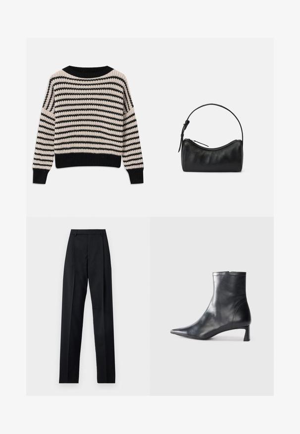 Megztinis su horizontaliomis juodomis ir grietinėlės spalvos juostelėmis, plačia apykakle, lanksčiomis rankovėmis ir apačia, laisvas kirpimas ir tekstūruota medžiaga.; Juodos kelnės iš lygaus audinio, pasižyminčios aukštu liemeniu, plačiomis kojomis, priekinėmis klostėmis ir klasikiais diržo kilpomis. Šoninių kišenių nematyti.; Juodas odinis kulkšninis batas su smailiu pirštu ir elegantišku dizainu. Turi žemą kulną ir užtrauktuką gale. Lygi tekstūra.; Juodas odinis petinis krepšys su kreivėmis, užtrauktuko uždarymu ir plonu dirželiu. Pasižymi lygiu paviršiumi ir subtiliais siuvinėjimo akcentais.