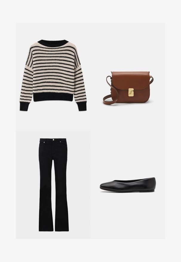 Gebreide trui met horizontale zwarte en crèmekleurige strepen, brede halslijn, ribgebreide manchetten en zoom, met een losse pasvorm en textuurstof.; Zwarte flared jeans van denim, met twee voorzakken, een knoopsluiting en een gladde textuur. Kenmerkende stiksels zichtbaar bij de naden.; Paul Smith TOPANGA - Ballerina's - black; Bruine leren handtas met een klep sluiting, gouden hardware, een schouderband en een gladde textuur. Compact rechthoekige vorm.