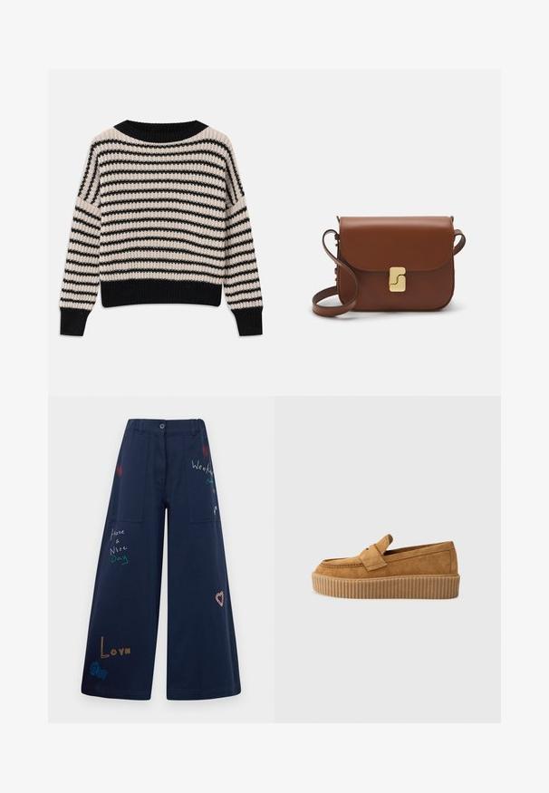 Kootud sviiter, millel on horisontaalne musta ja kreemi triibustus, lai kaelus, soonikkoes mansetid ja alläär ning lahtine lõige ja tekstureeritud kangas.; Tumesinine laiad püksid puuvillast mitmete taskutega. Omaduseks on värviline tikandtekst ja graafika, sealhulgas südamed ja mängulised fraasid.; Pruun nubukloafer ümmarguse varbaga, ribadega platvormi tallaga ja dekoratiivse rihmaga ülevalt.; Pruunist nahast käekott, millel on klapiga sulgur, kuldne riistvara, õlarihm ja sile tekstuur. Kompaktne ristkülikukujuline vorm.