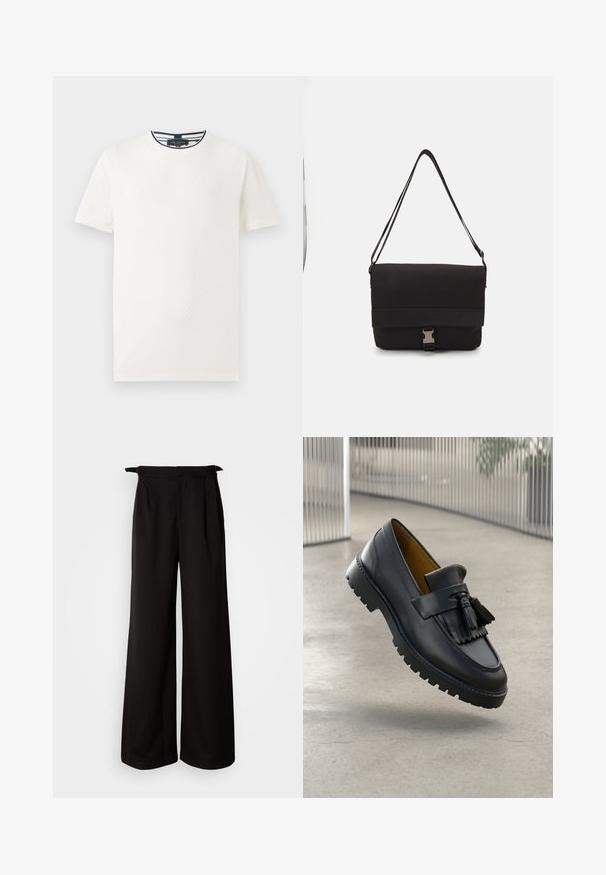 Balta trumpa rankovėmis marškinėliai su tekstūruotu raštu, apvaliu kaklu ir tamsiai mėlynomis juostelėmis prie apykaklės. Lengvas audinys. Atsitiktinis kirpimas.; Juodi plačios kojinės kelnės su aukštu liemeniu, puoštais klostėmis ir rišamais akcentais šonuose, pagamintos iš lygaus, struktūruoto audinio.; Juodas odinis loaferis su kutais, lygia apdaila ir guma su sukibimo briaunomis. Viduje pamušalas kontrastinės rudos spalvos.; Juodas pranešėjo krepšys, pagamintas iš lygaus medžiagos, su užkloto dangčiu, sidabrine užsegimo aparatūra ir reguliuojama petneša.