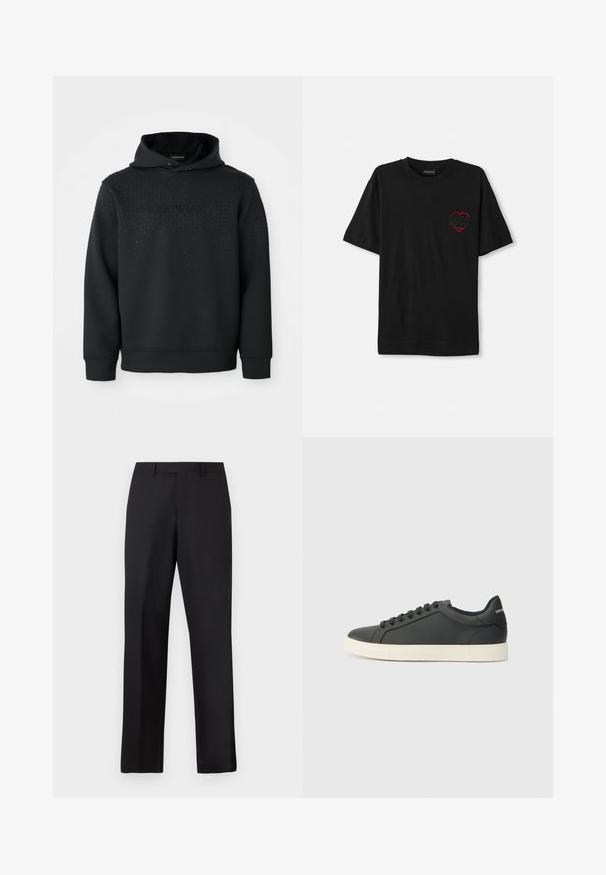 Czarna bluza z kapturem o teksturowej powierzchni z metalowymi ćwiekami. Z przodu widnieje logo "Emporio Armani" w kontrastowym stylu. Miękka tkanina.; Czarny bawełniany t-shirt z krótkim rękawem, z czerwonym haftowanym sercem na lewej piersi. Klasyczny okrągły dekolt, luźny krój.; Czarne spodnie o prostych nogawkach wykonane z gładkiej tkaniny. Posiadają standardowy pas i nie mają widocznych wzorów ani zdobień.; Czarne skórzane trampki o niskim profilu, z zaokrąglonym noskiem i sznurowanym zapięciem; posiadają teksturowaną gumową podeszwę oraz detal z logo na pięcie.