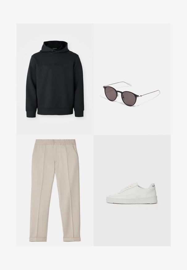 Mustra mustraga mustri mustri mustra mustring ja säraga mürstega must tepsis. Esipäev on kujul "Emporio Armani" kontrastse stiiliga. Pehme kangas.; Filippa K TERRY CROPPED TROUSERS - Püksid - sage melange; Valge nahast tennis, millel on sile põhi, ümar varvas, lamedad nöörid ja tekstuuriline tall. Sisaldab diskreetset logo kontsaribal.; Mustad mustad prillid tumedate läätsedega ja õhukeste metallist käepidemetega. Kaarja kujuga seljaosa ja hõbedased aktsendid hingel. Minimalistlik disain.