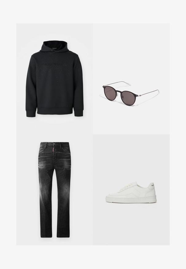 Black hoodie with a textured surface featuring silver studs. Front displays the logo "Emporio Armani" in a contrasting style. Soft fabric.; Black denim jeans with a straight fit. Features faded areas, minor distressing, classic five-pocket design, and a button closure.; White leather sneaker with a smooth finish, round toe, flat laces, and a textured sole. Features a subtle logo on the heel.; Black round sunglasses with dark lenses and slim metal arms. Includes clear temple tips and silver accents at the hinge. Minimalist design.