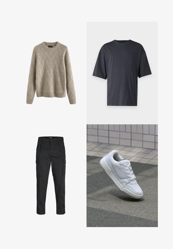 Pulover tricotat bej deschis, cu un model texturat în formă de diamant, guler rotund și manșete și tiv cu dantelă.; Tricou scurt din bumbac ușor, de culoare gri închis, cu un croi lejer și guler clasic la baza gâtului, având o textură simplă și fără modele.; Pantaloni cargo negri dintr-un material rezistent, cu multiple buzunare, închidere cu nasture și un design slim fit cu picioare conice.; Adidași din piele albă cu părți perforate, accente texturate, șireturi plate și un călcâi gri contrastant. Prezintă o talpă ușor ridicată.