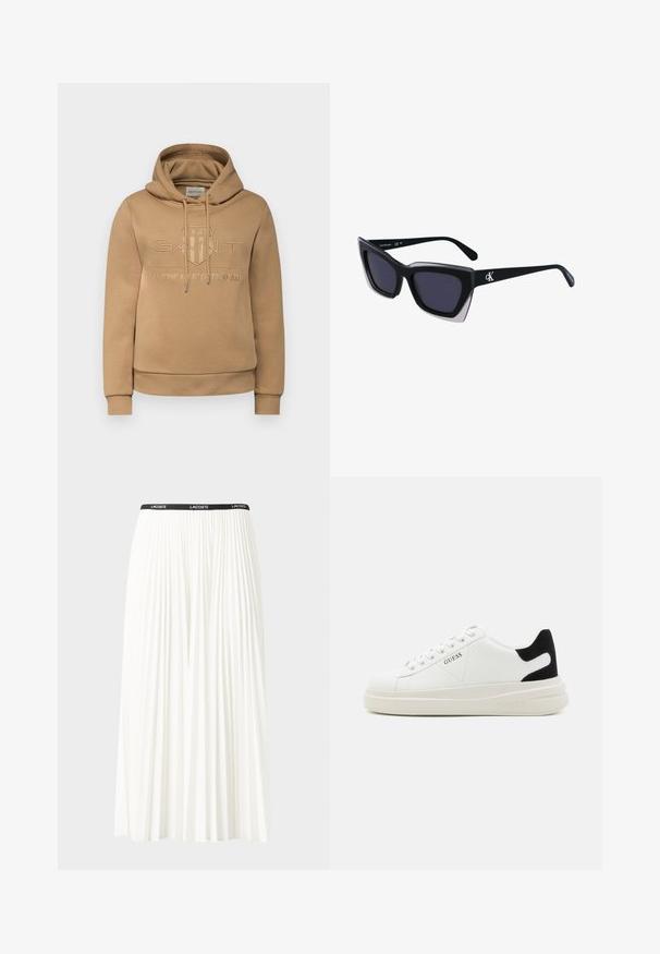 GANT TONAL SHIELD HOODIE - Kapucnis pulóver - camel; Plisszírozott fehér szoknya fekete elasztikus derékkal, amelyen a "LACOSTE" logó található. Középhosszú kialakítás, puha tapintással.; Fehér bőr sportcipők vastag fehér talppal, fekete velúr sarokpikkelyel és dombornyomott logóval az oldalon. Fűzős kialakítás, hat fűzőlyukkal.; Fekete, nagyméretű napszemüveg geometrikus formával, sötét lencsékkel és kontrasztos szürke részlettel a kereten. Logó a szárán.