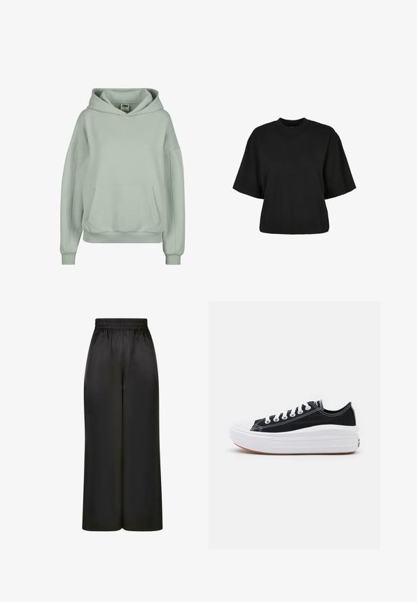 Gai zaļš kapuce ar kengura kabatu, ribotām aprocēm un apakšmalu, kā arī lielu regulējamu kapuci. Izgatavota no mīkstas, ērtas auduma.; Melnas īsā piegriezuma T-kreklis no kokvilnas. Tam ir īsas piedurknes un apaļa izgriezne. Gluda tekstūra ar vienkāršu dizainu, bez papildu rakstiem.; Melni plaši bikses, izgatavotas no gludas, spīdīgas auduma, ar elastīgu jostu un bez redzamām kabatām vai aparatūras detaļām.; Melni kanvas sporta apavi ar baltām šņorēm, baltu gumijas purngalu un masīvu baltu zoli. Iezīmējas ar smalku baltu šuvumu un gumiju zoli.