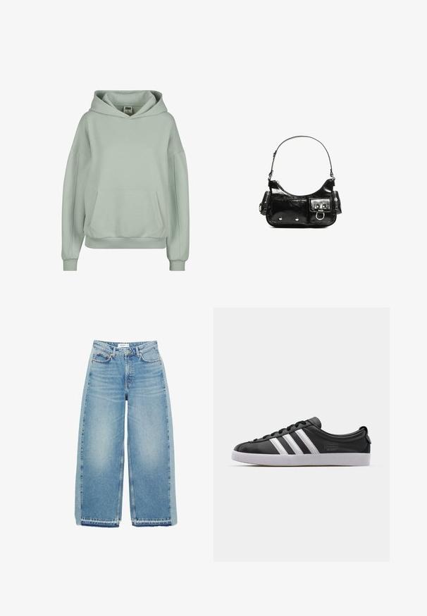 Svijetlozeleni dukserica s kenguruh džepom, rebrastim manžetama i rubom te velikim podešivim kapuljačom. Izrađena od mekanog, udobnog materijala.; Svijetloplave široke traperice napravljene od denima, s visokim strukom, kopčanjem na dugme, prednjim džepovima i sirovim rubom.; Crne kožne tenisice s bijelim dizajnom od tri pruge, zaobljenim prstom, ravnim bijelim gumiranim potplatom i oznakom branda sa strane.; Crna patentna kožna torba s zakrivljenim oblikom, jednim remenom za rame, prednjim džepovima i akcentima od srebrnog tona.