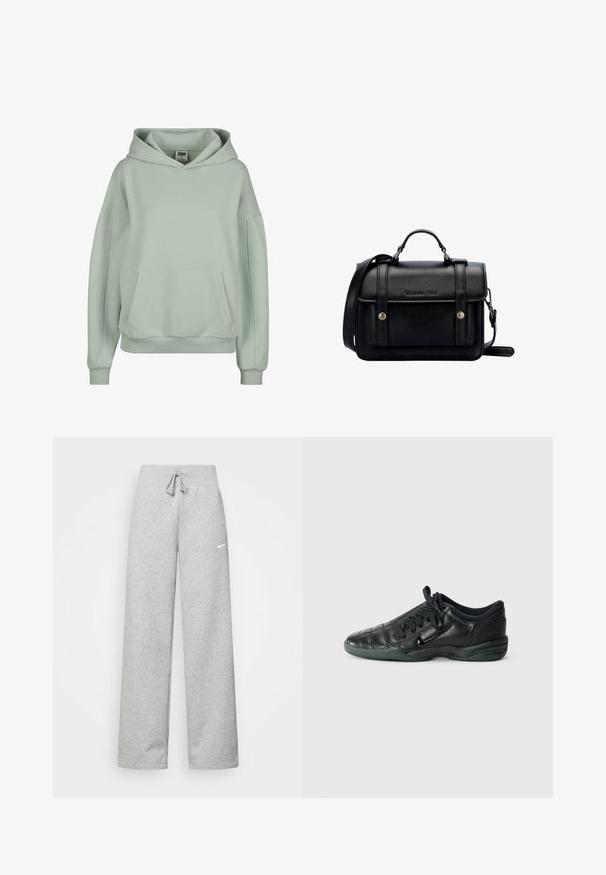Felpa verde chiaro con tasca a marsupio, polsini e orlo a coste, e un ampio cappuccio regolabile. Realizzata in un tessuto morbido e confortevole.; Pantaloni tuta grigi con vita elastica, dettaglio con cordino e piccolo logo Nike bianco sulla coscia sinistra. Tessuto morbido, vestibilità ampia.; Scarpa sportiva in pelle nera con un design trapuntato, punta rotonda, allacciatura frontale e suola in gomma. Presenta un marchio discreto sul lato.; Borsa a tracolla in pelle nera con design strutturato, manico superiore, tracolla regolabile, patta anteriore e accessori in metallo. Presenta il marchio sulla parte frontale.