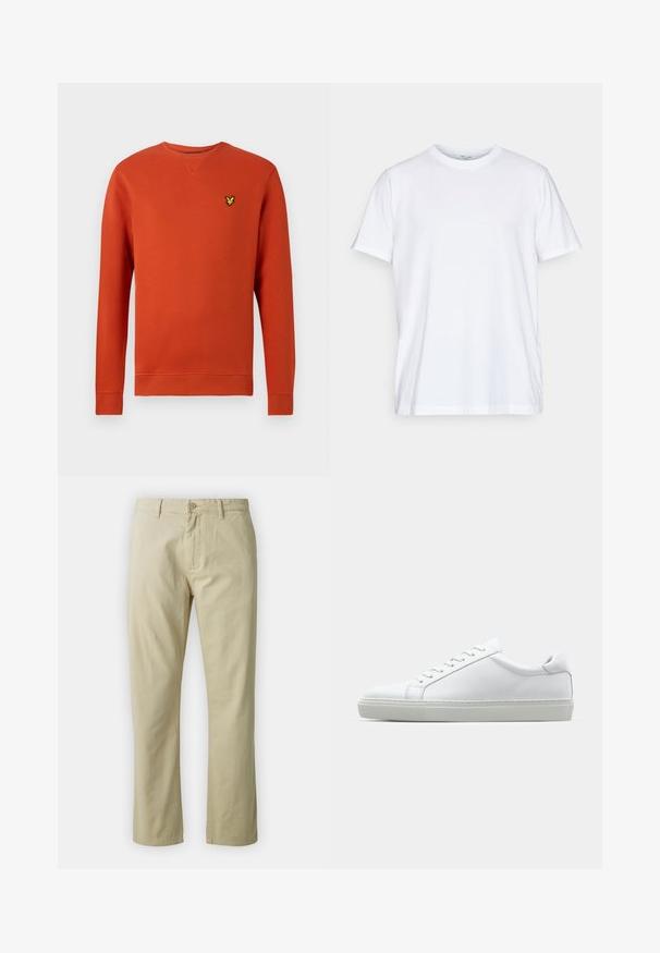 Oranžová mikina s rebrovaným okrajom okolo krku a dlhými rukávmi. Obsahuje malú žltú emblemu na hrudi. Hladká textúra, neformálny dizajn.; Biela bavlnená tričko s krátkymi rukávmi, okrúhlym výstrihom a voľným strihom. Má minimalistický dizajn, bez vzorov alebo akcentov.; Béžové bavlnené nohavice so strihaťou rovného strihu, predným zapínaním na gombík a pútkami na opasok. Hladká textura, bez viditeľných vzorov alebo akcentov.; Biele tenisky s hladkým koženým zvrškom a nízkym profilom. Majú zaoblenú špičku, šesť očiek a štruktúrovanú gumovú podrážku.