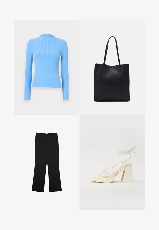 Hladký dlhý rukáv top v svetlo modrej farbe, priliehavý dizajn, okrúhly golier s vykrojeným okrajom, hladká textúra a bez viditeľných vzorov.; Čierne nohavice so strihom rovného strihu, s prednými vreckami a bočnými rozparkami na leme. Vyrobené z mäkkej, hladkej tkaniny. Vhodné na rôzne príležitosti.; Biele sandále na vysokom opätku s hrubým podpätkom, s pruhovaným dizajnom a viazaním na členku. Hladký povrch s platformou vpredu pre zvýšenú výšku.; Čierna kožená taška na rameno s hladkým povrchom, obdĺžnikovým tvarom a dvoma dlhými uchami. Bez viditeľného kovania alebo ozdôb.