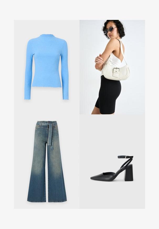 Ribbed long-sleeve top in light blue, fitted design, round collar with scalloped edge, smooth texture, and no visible patterns.; Wide-leg denim trousers featuring a light to dark blue gradient, high waist, belt loops, and a matching fabric belt. Textured denim finish.; Black leather pointy-toe pump with an ankle strap and a chunky heel. Flat texture, sleek design, and minimalistic aesthetics.; White leather handbag with a curved shape, adjustable strap, and a small buckle detail. Model wears a fitted black outfit.