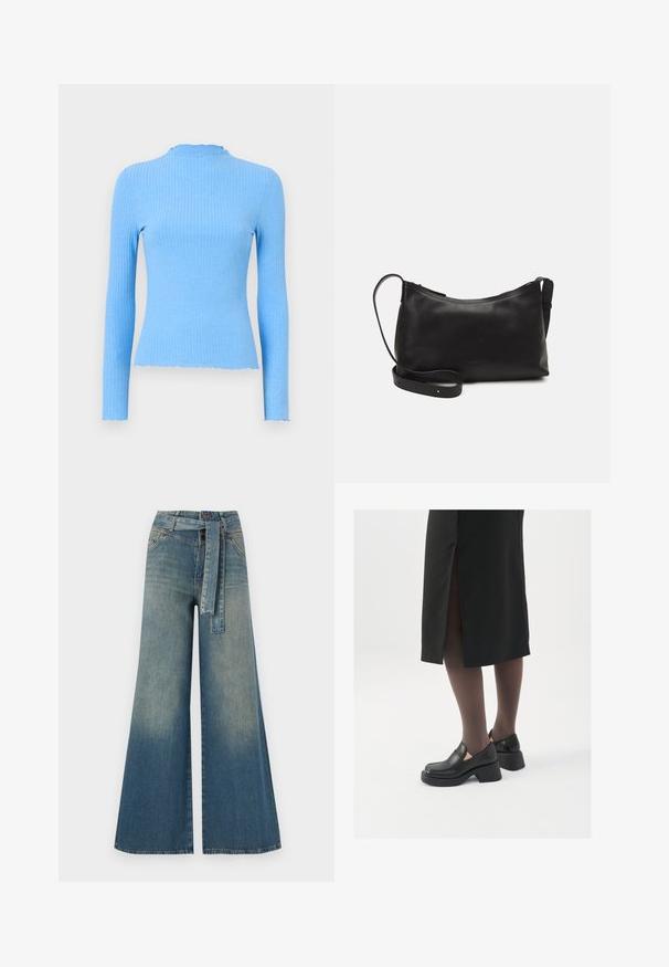 Geribbelde lange mouw top in lichtblauw, aansluitend ontwerp, ronde kraag met golfrand, gladde textuur en zonder zichtbare patronen.; Wijduitlopende denim broek met een lichte naar donkere blauwe gradient, hoge taille, riemlussen en een bijpassende stoffen riem. Gestructureerde denimafwerking.; Zwarte leren schoenen met een ronde neus, dikke blokhak en elastische zijkanten, gecombineerd met donkere panty's en een zwarte rok met een split.; Zwarte leren schoudertas met een gladde textuur, gebogen vorm, verstelbare schouderband en een ritsafsluiting. Minimalistisch ontwerp zonder versieringen.