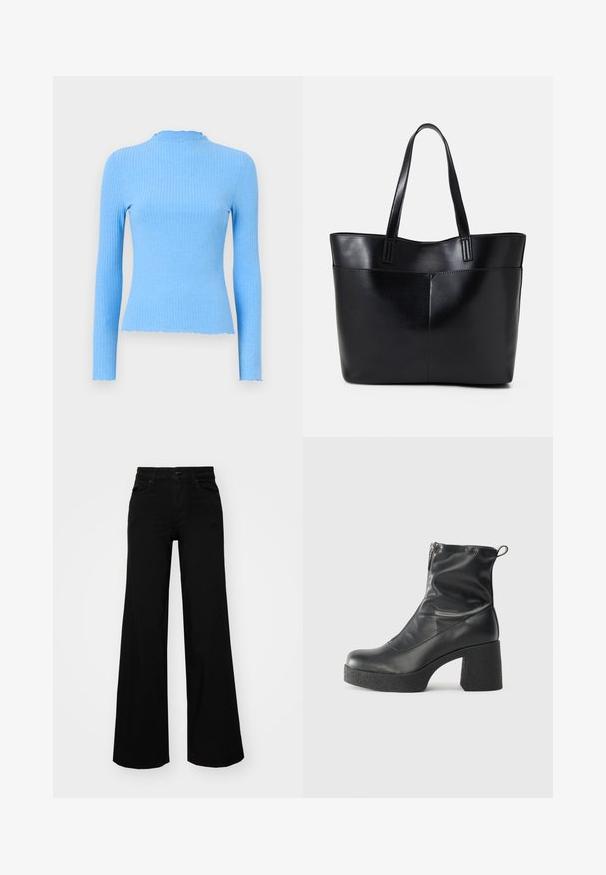 Rippenshirt mit langen Ärmeln in Hellblau, figurbetontem Design, rundem Kragen mit gewelltem Rand, glatter Textur und ohne sichtbare Muster.; Schwarze weit geschnittene Hose aus Denim, mit einem strukturierten Bund, Gürtelschlaufen und Fronttaschen. Glatte Textur mit klassischem Design.; Schwarze Stiefeletten aus glattem Leder mit seitlichem Reißverschluss, klobigem strukturiertem Absatz und runder Zehenform.; Schwarze Leder-Shopper-Tasche mit zwei langen Griffen, einer glatten Textur und einer strukturierten Form. Verfügt über eine Vordertasche für zusätzlichen Stauraum.